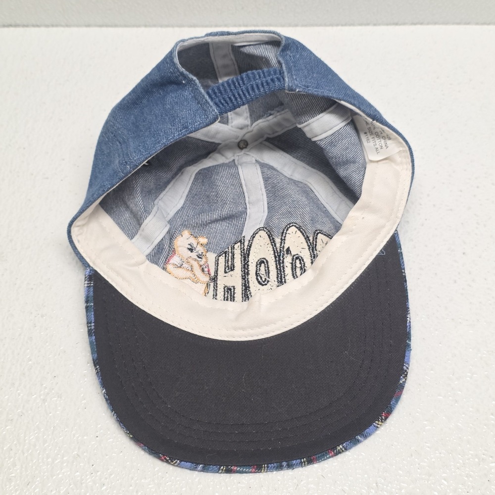 Vintage Disney Embroidered Winnie The Pooh Hat Elastic Band Blue Plaid Denim - Picture 10 of 13